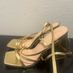 PrettyLittleThing Gold Strappy Block Heels